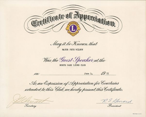 Lions Club Certificate Of Appreciation