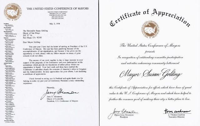 1994 U S Conference of Mayors Certificate City of San Diego Official