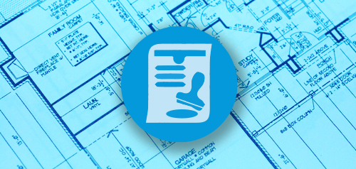 Blueprint overlayed with an icon depicting a permit