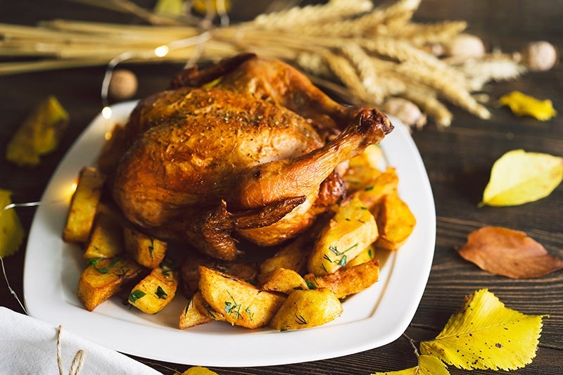 Thanksgiving turkey and pumpkin on a dark wooden table