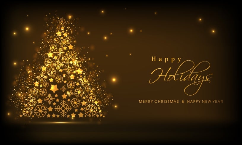 Illustration of gold christmas tree with Happy Holidays text