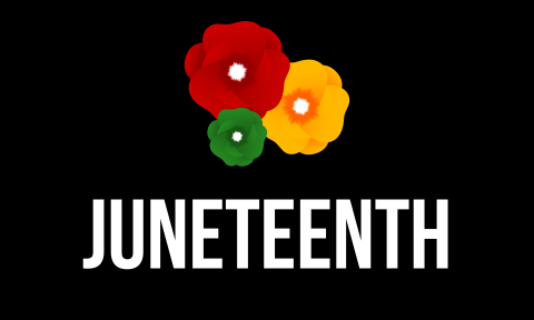 Red, yellow, and green flowers are centered above the word ”Juneteenth.”
