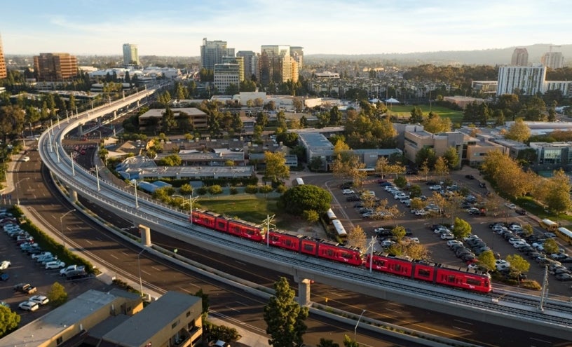 Overhead view of San Diego trolley in La Jolla