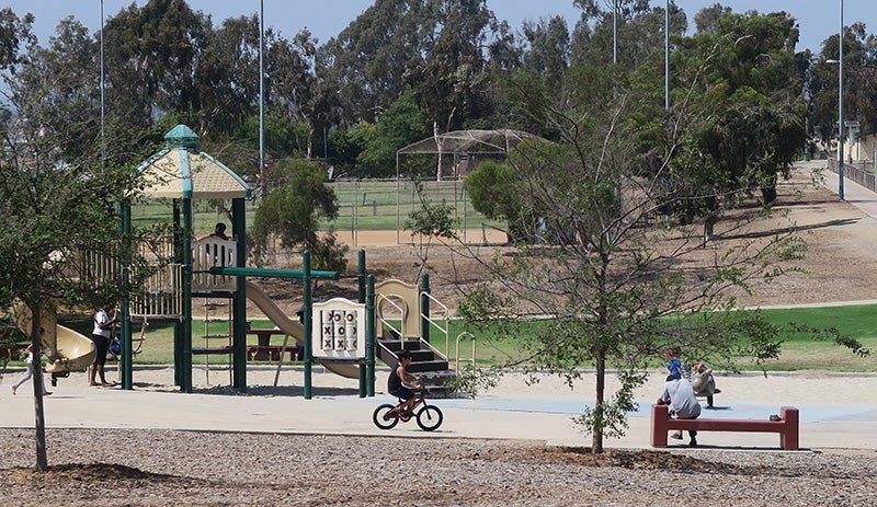 People at the playground in Montgomery-Waller Park