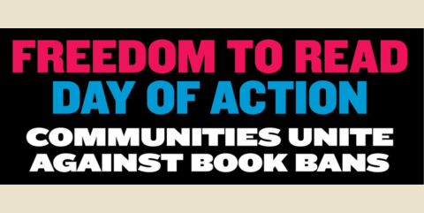 Graphic with the words "Freedom to read Day of action. Communities unite against banned books" in hhot pink, light blue ad white on black background