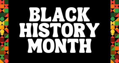 Decorative border in orange, red, yellow and green frame white text in a black background. Text reads, “Black History Month.”