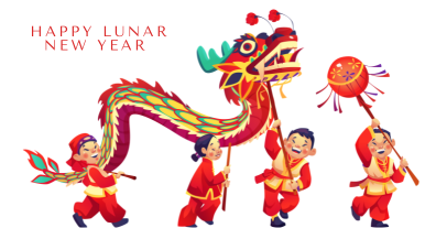 San Diego Public Library celebrates Lunar New Year. Red text reads, “Happy Lunar New Year.” A group of three figures, all dressed in red and gold, march in procession, holding up a traditional lion dance costume. A fourth figure carries an ornate red paper lantern, leading the way.