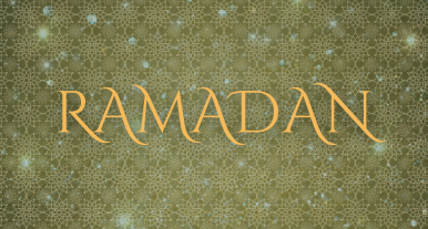 Gold text reads, “Ramadan.” The text is centered in a dark green geometric pattern speckled with gold stars.