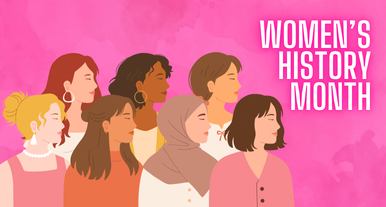 Seven women are lined up in two rows, they are all illustrated in profile looking towards the same direction. White and neon pink text reads, “Women’s History Month.” All set in a bright pink background. 