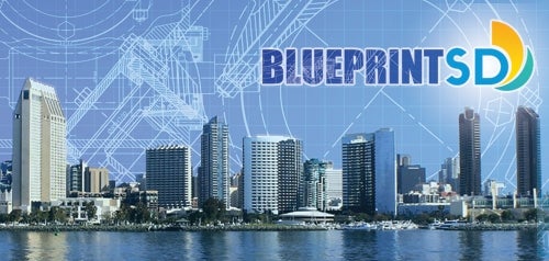 Downtown skyline with blueprint pattern superimposed on the sky with Blueprint SD logo