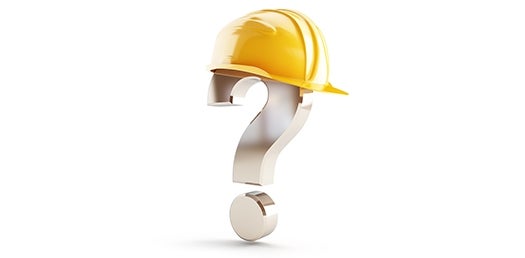 A question mark wearing a yellow hard hat. 