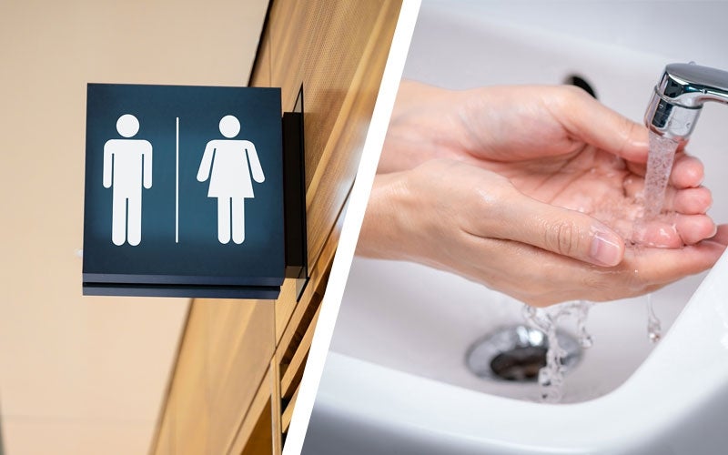 Montage of restroom sign and person washing their hands