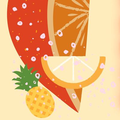 Illustration of pineapple, orange and watermelon with pink bubbles