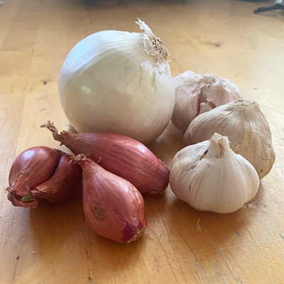 Cooking ingredients on table including white onion, garlic and shallots