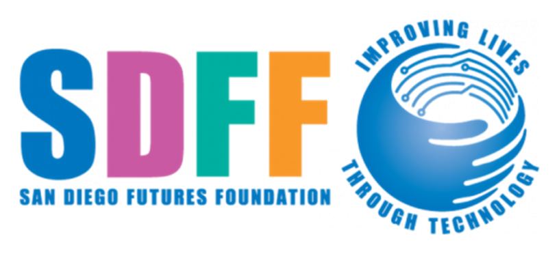 a colorful logo of the San Diego Futures Foundation. Motto is improving lives through technology