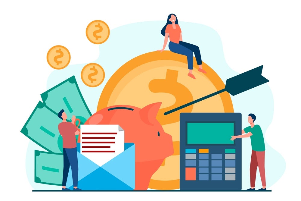 Cartoon drawing of financial goal, huge piggybank, and calculator