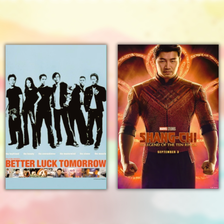Images of the movie covers for ”Better Luck Tomorrow” and ”Shang-Chi and the Legend of the Ten Rings”, with a blurred mixed pastel colored background.