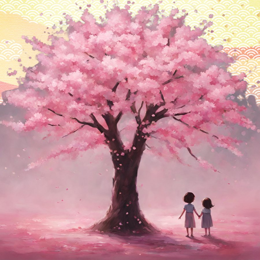 A watercolor image of two young children standing under a blooming cherry blossom tree.