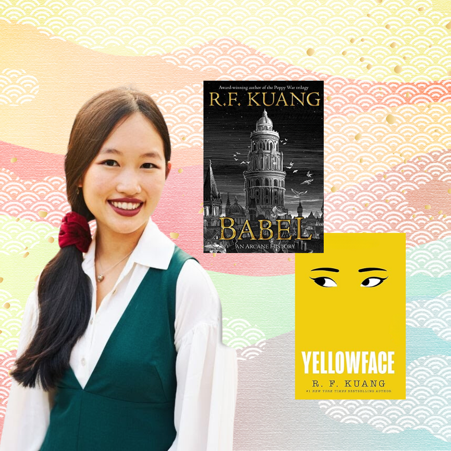 A photo of author Rebecca F. Kuang.  The background is designed with a mixture of pastel colors and book covers of ”Babel” and ”Yellowface”.