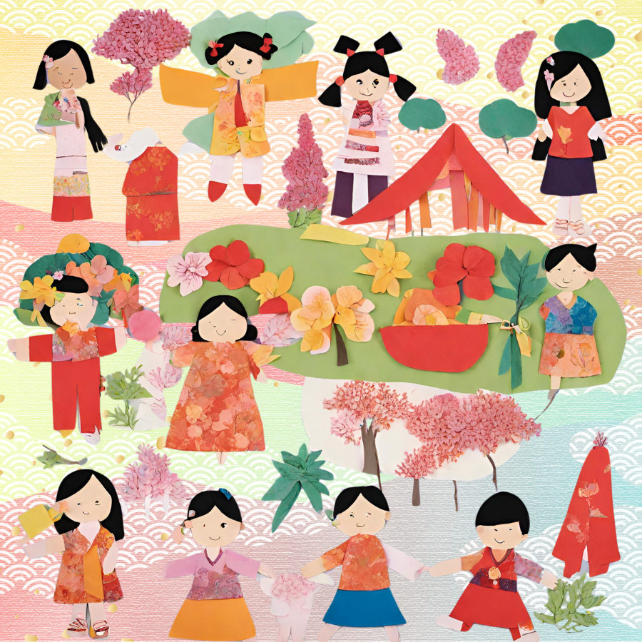 A graphic depicting Asian children smiling and celebrating with flowers, cherry blossoms, with light mixed pastel colors in the background.