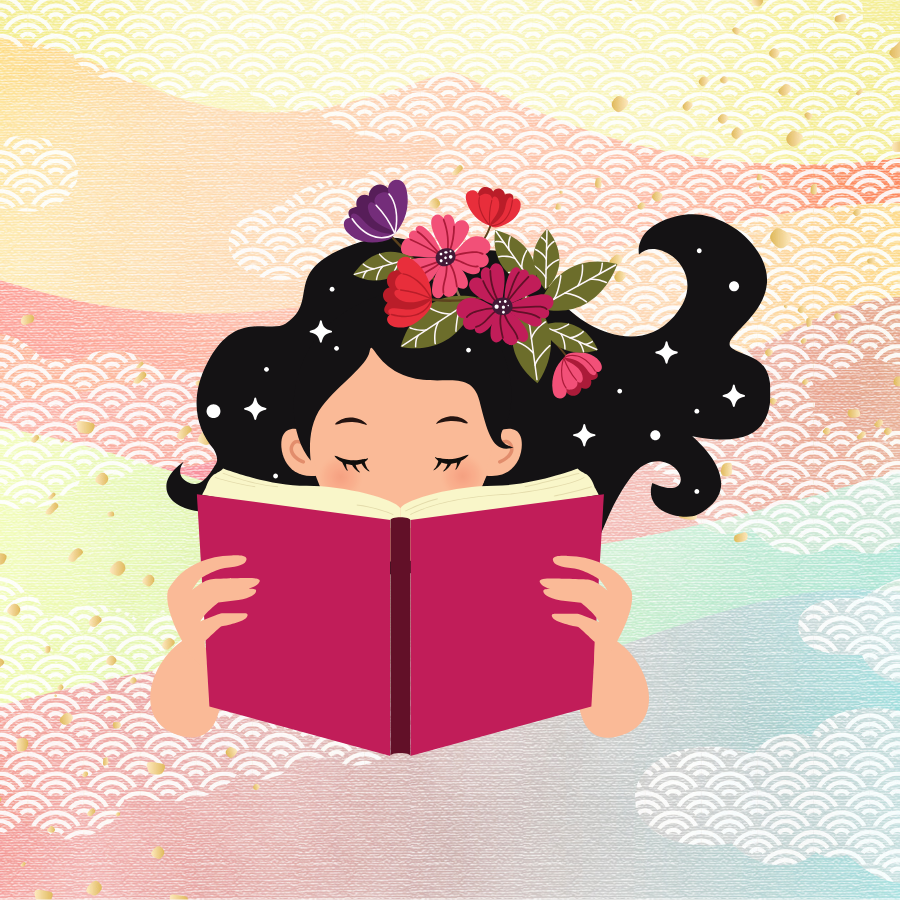 A girl with black hair reads a berry red book.