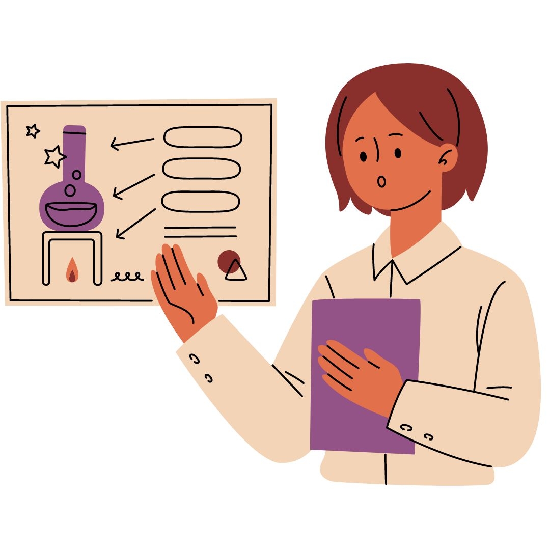 Cartoon image of a person in a lab coat holding a book and gesturing to a chart with a beaker over a flame.