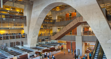 Wide shot of Central Library's three-story gravity arch in the lobby