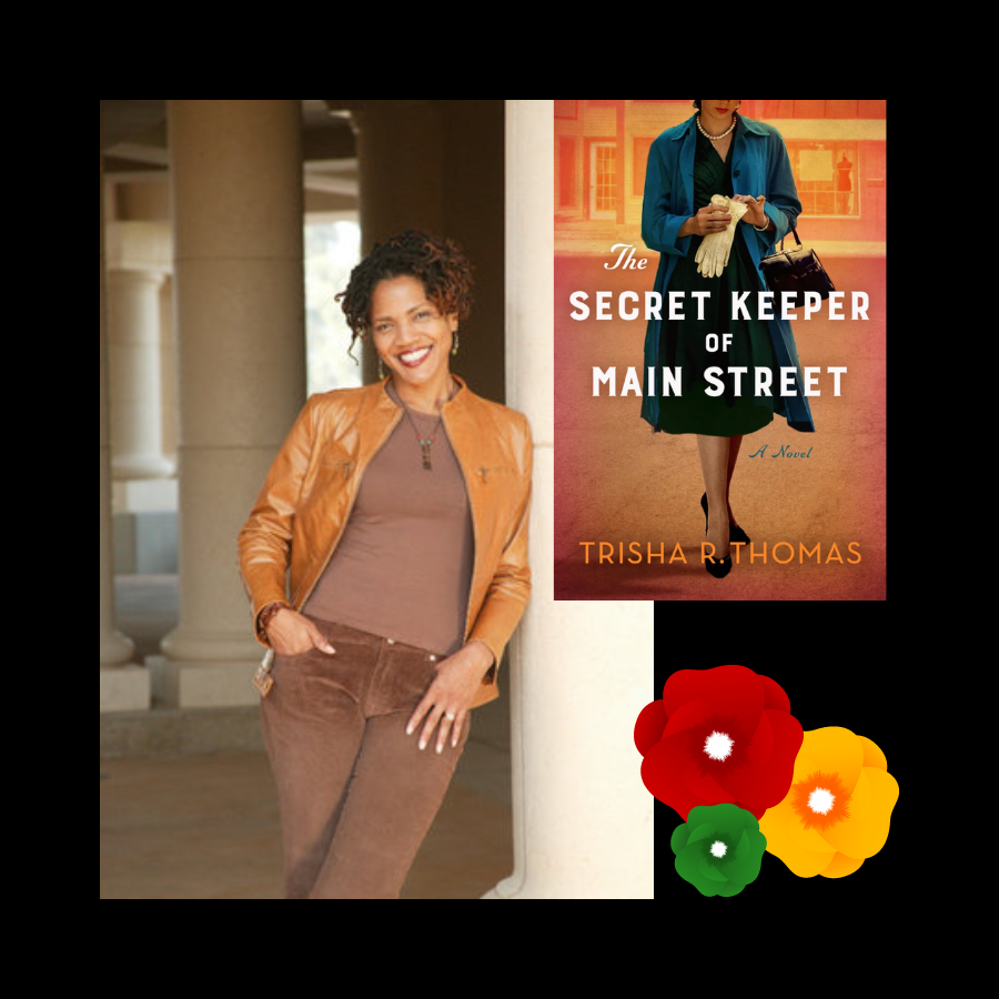Author Trisha R. Thomas leans against a column. The cover of her latest book, The Secret Keepers of Main Street, hangs in the righthand corner