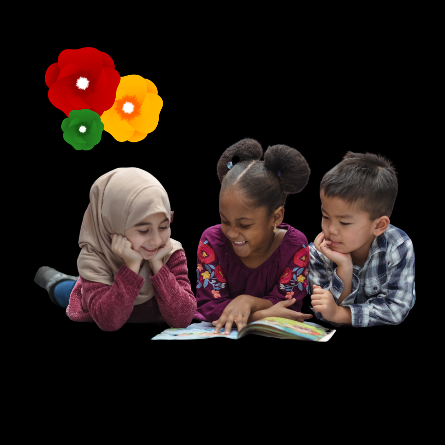 A Muslim girl, a Black girl, and an Asian boy share a book together