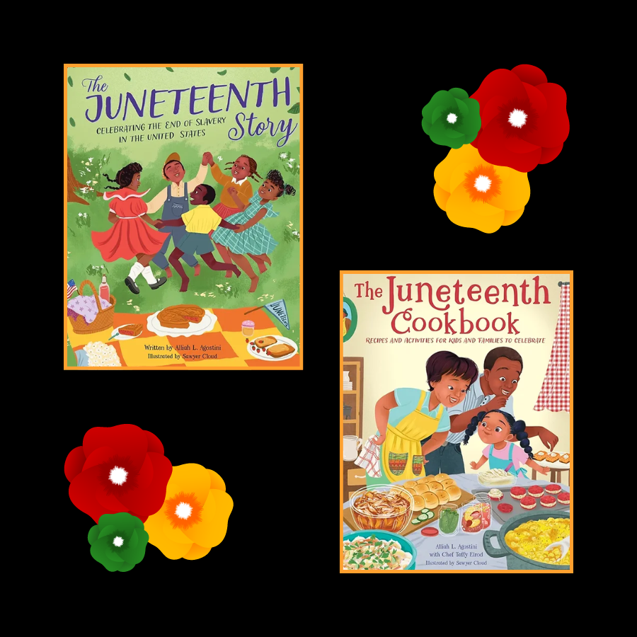 The covers of two children’s books by Alliah L. Agostini, The Juneteenth Store and The Juneteenth Cookbook, are prominently displayed