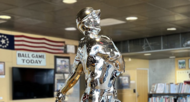Photo of "Male Baseball #1" sculpture by Yoram Wolberger (based off of the baseball player cast on all little league trophies) found in the Sullivan Family Baseball Research Center on the 8th floor