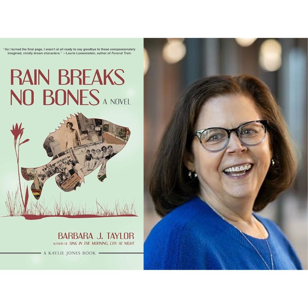 Green book cover with red lettering that says ”Rain Breaks no Bones” and a collage of old photos shaped like a fish next to a photo of a smiling woman with brown hair, glasses, and a blue shirt.