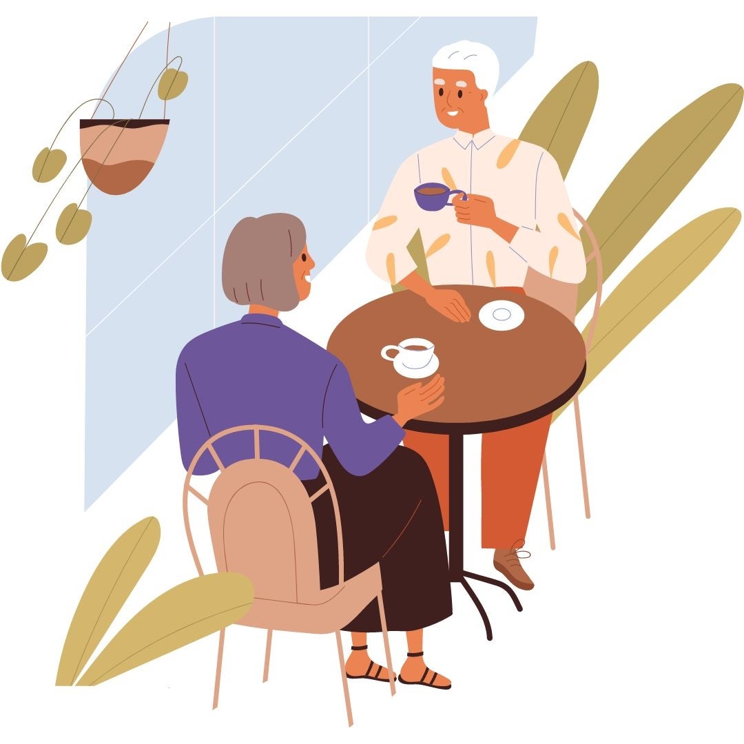 Illustration of two people sitting at a table drinking coffee.