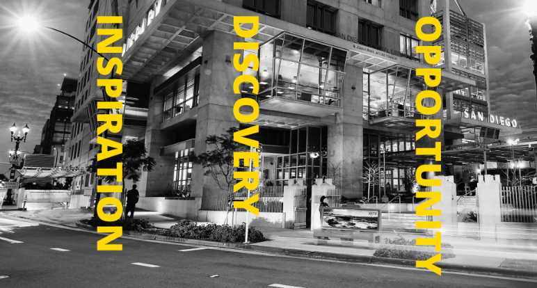 Black and White photograph of Central Library at night with stylized yellow text: Opportunity, Discovery, Inspiration