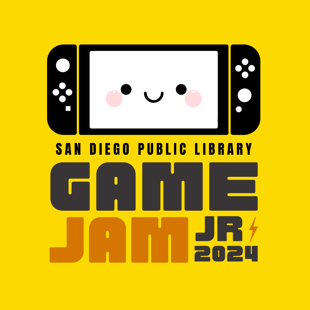 Smiling black and white handheld gaming console on a yellow background. Text under the image: SAN DIEGO PUBLIC LIBRARY, GAME JAM JR 2024