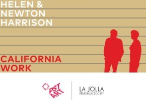 Helen & Newton Harrison California Work - Red silhouettes of a man and woman against a striped beige and grey background