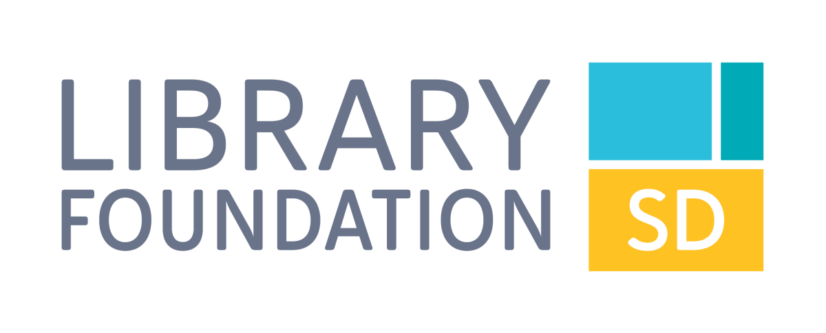 Two small squares of teal above a gold square with “SD” in white text. To the left of the squares in two lines are large gray text stating “LIBRARY FOUNDATION.”