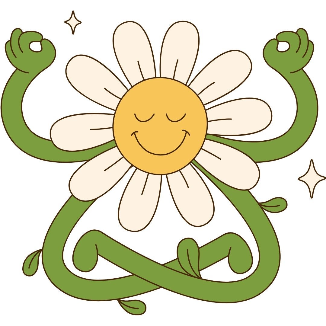 Drawing of a daisy sitting with stem-legs crossed and stem-arms raised above their head in a meditative pose.