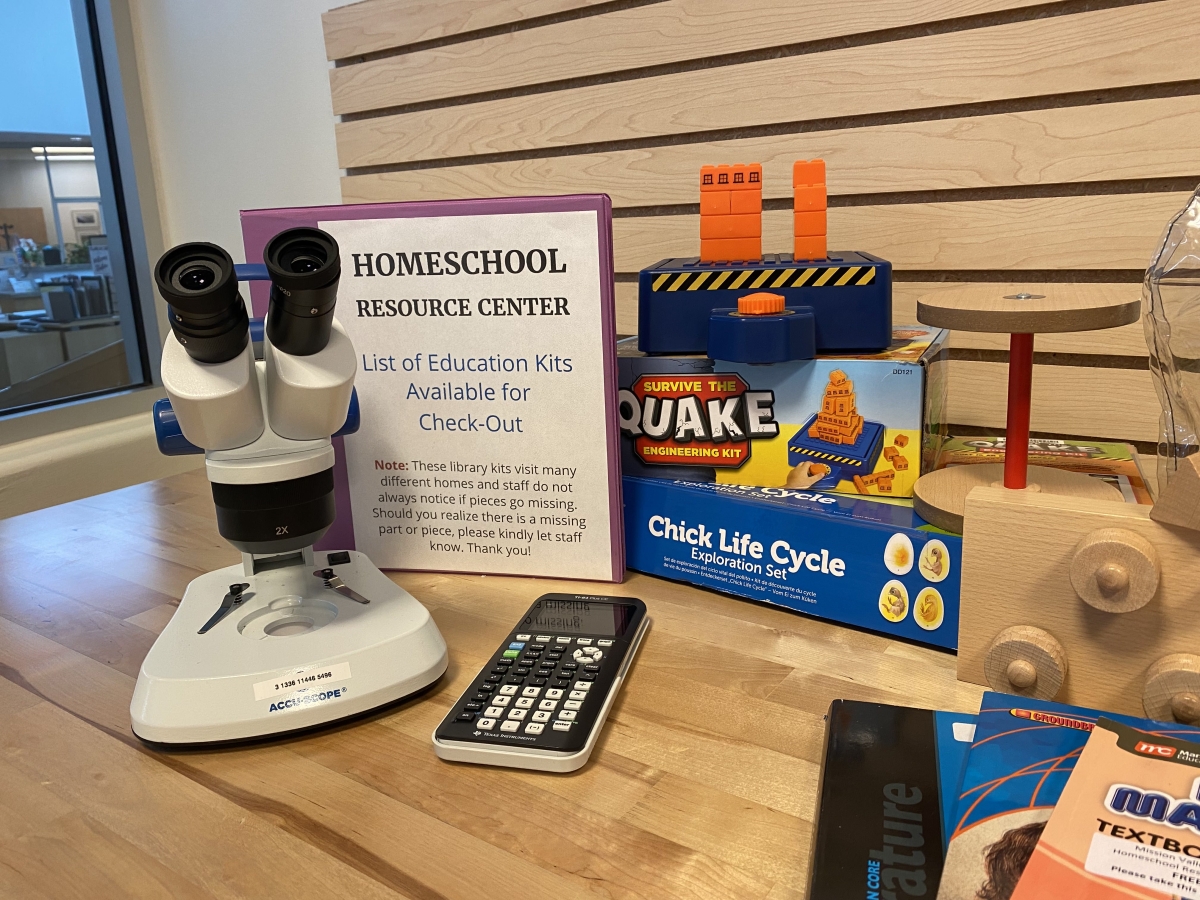 Microscope, calculator, and other educational tools.