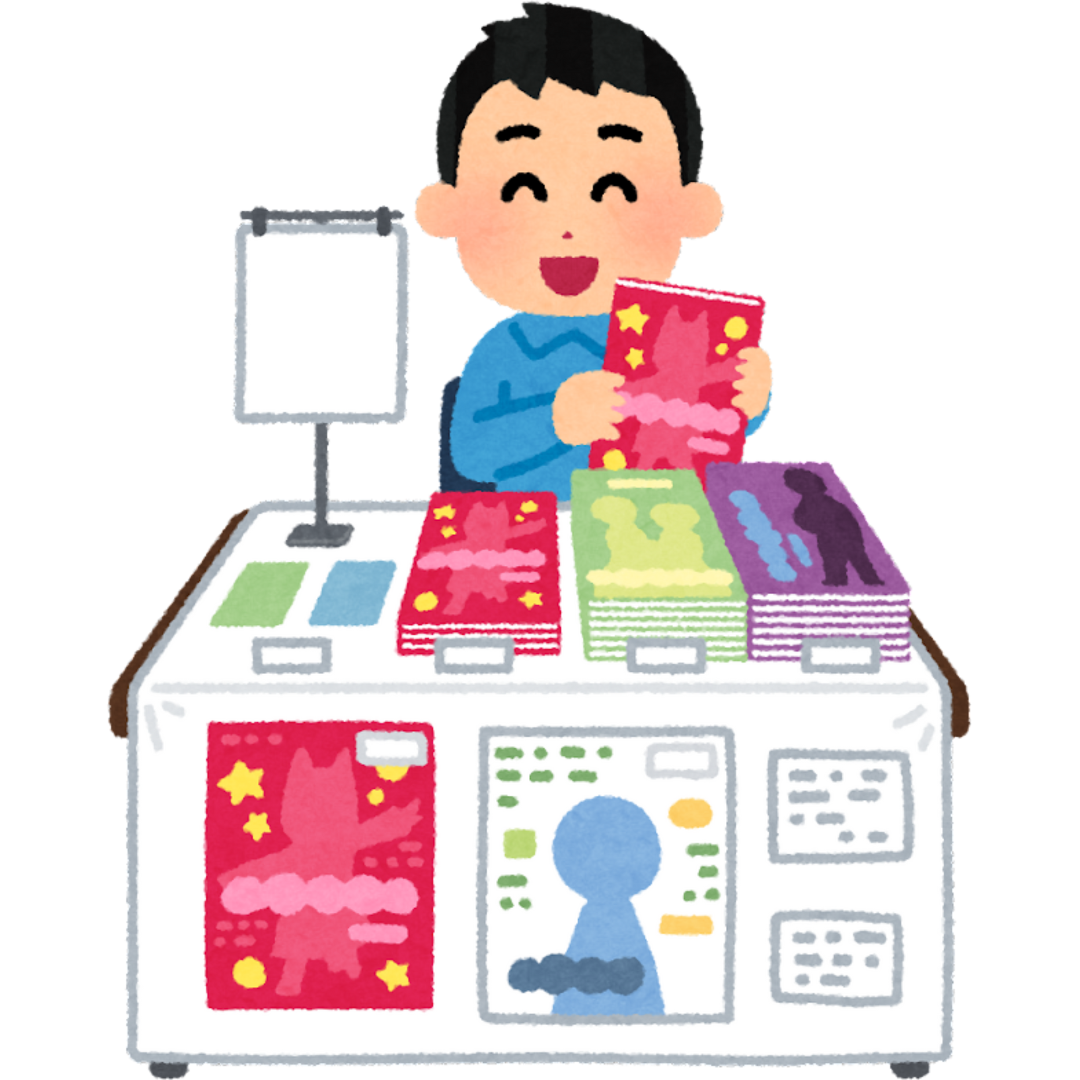 Cartoon drawing of a person sitting at a booth holding a red book, with more colorful books set out in front of them