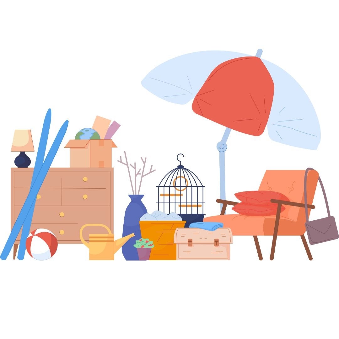 Illustration of a cabinet with a lamp and a box of junk on it, with skis and a beach ball in front of it. Next to this is a watering can, a pot with sticks, a bird cage, a laundry hamper, a chair, and a bent beach umbrella.
