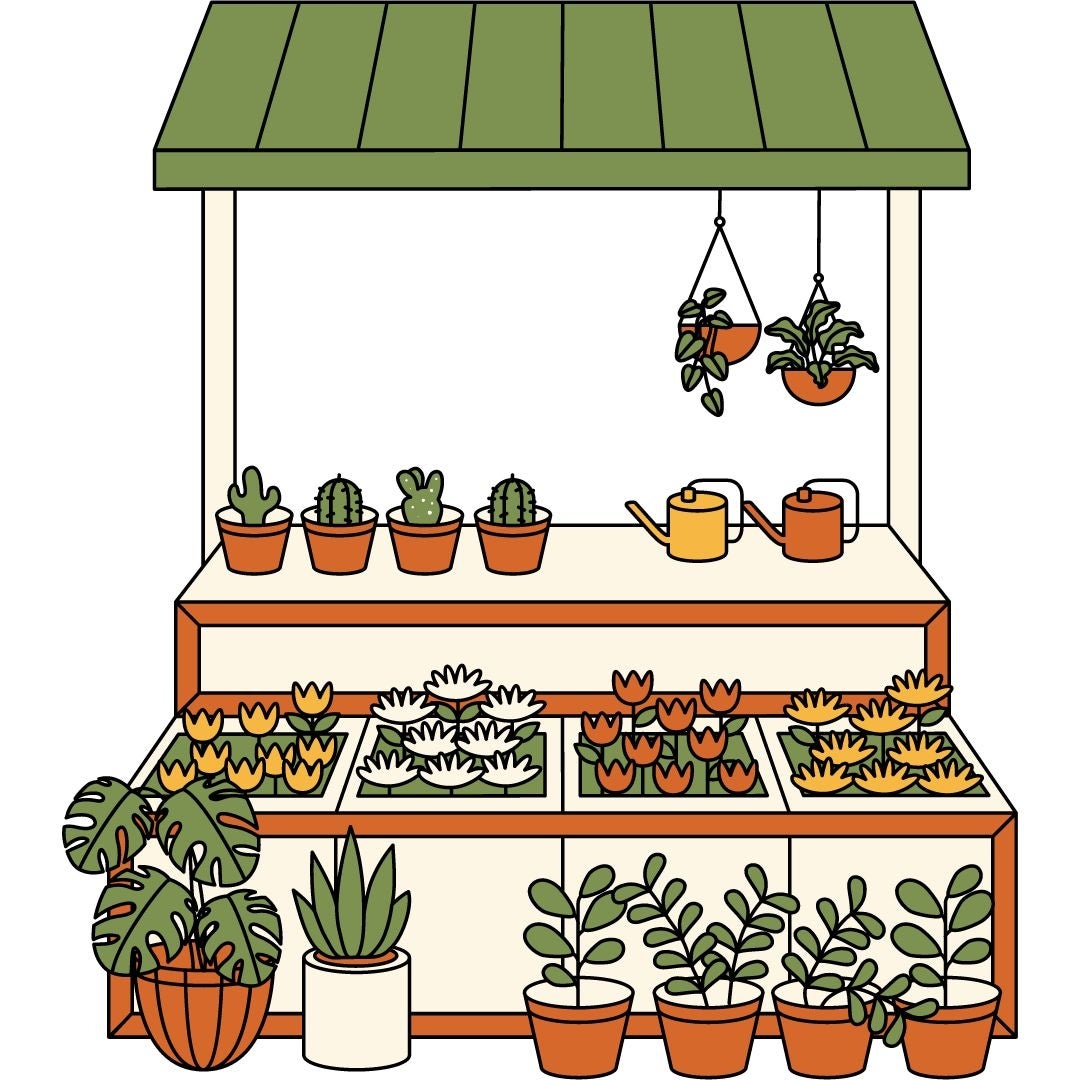 Illustration of a booth with a green cover. There are potted plants in front of it and hanging from the top, along with watering cans and flower beds.