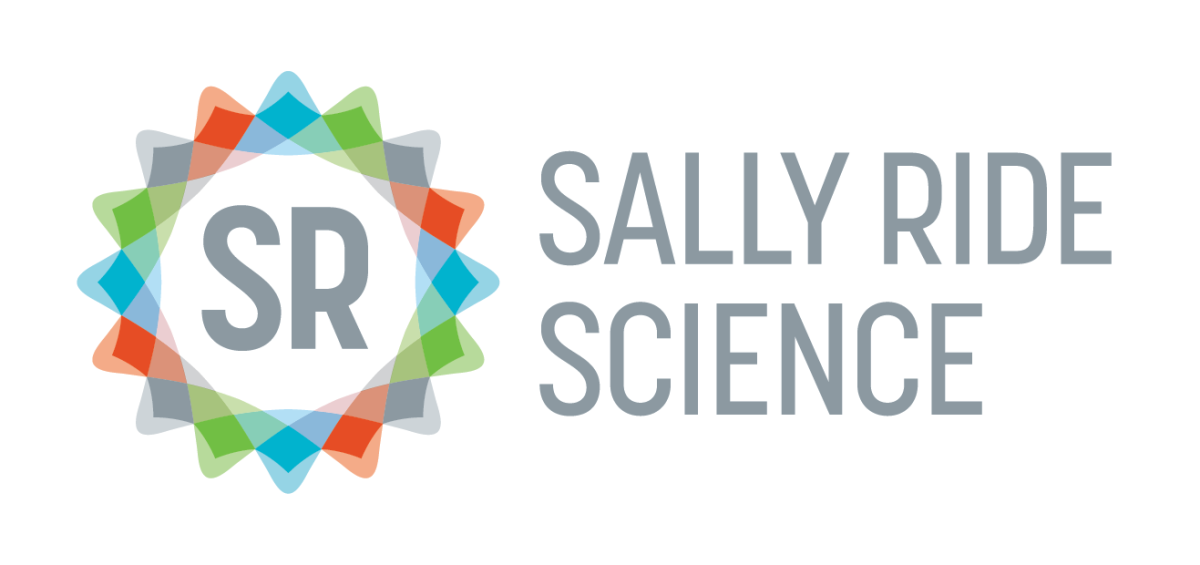 Ring of alternating red, teal, green, and gray colors with gray text in the center stating “SR.” To the right of the ring on two lines are large gray text stating “SALLY RIDE SCIENCE.”