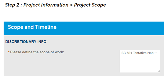 Step 2: Scope and Timeline screen shot of online portal.
