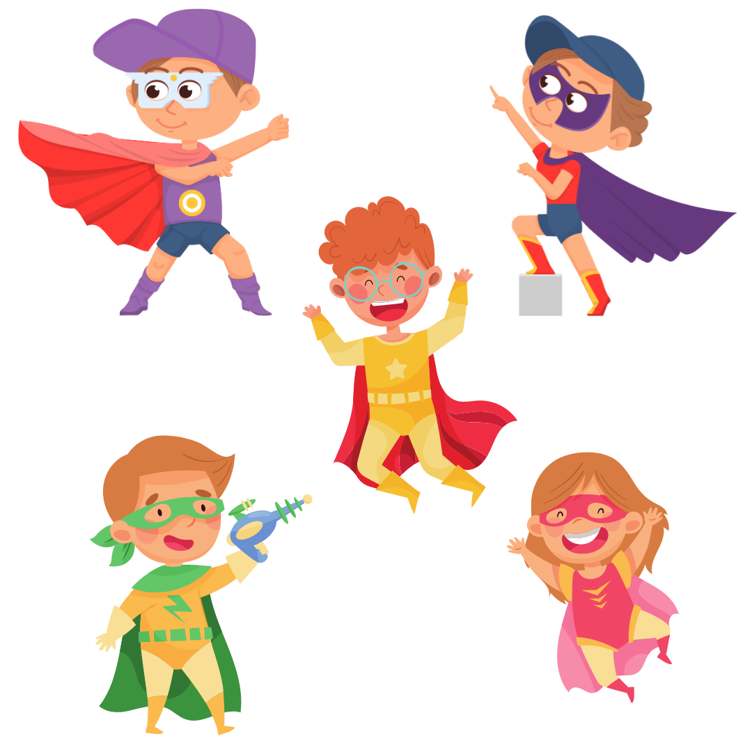 Cartoons of five superhero kids: one with a purple hat and red cape, one with a blue cap and purple cape, one with a yellow suit and red cape, one with a green mask and cape, and one with a pink cape and red suit.