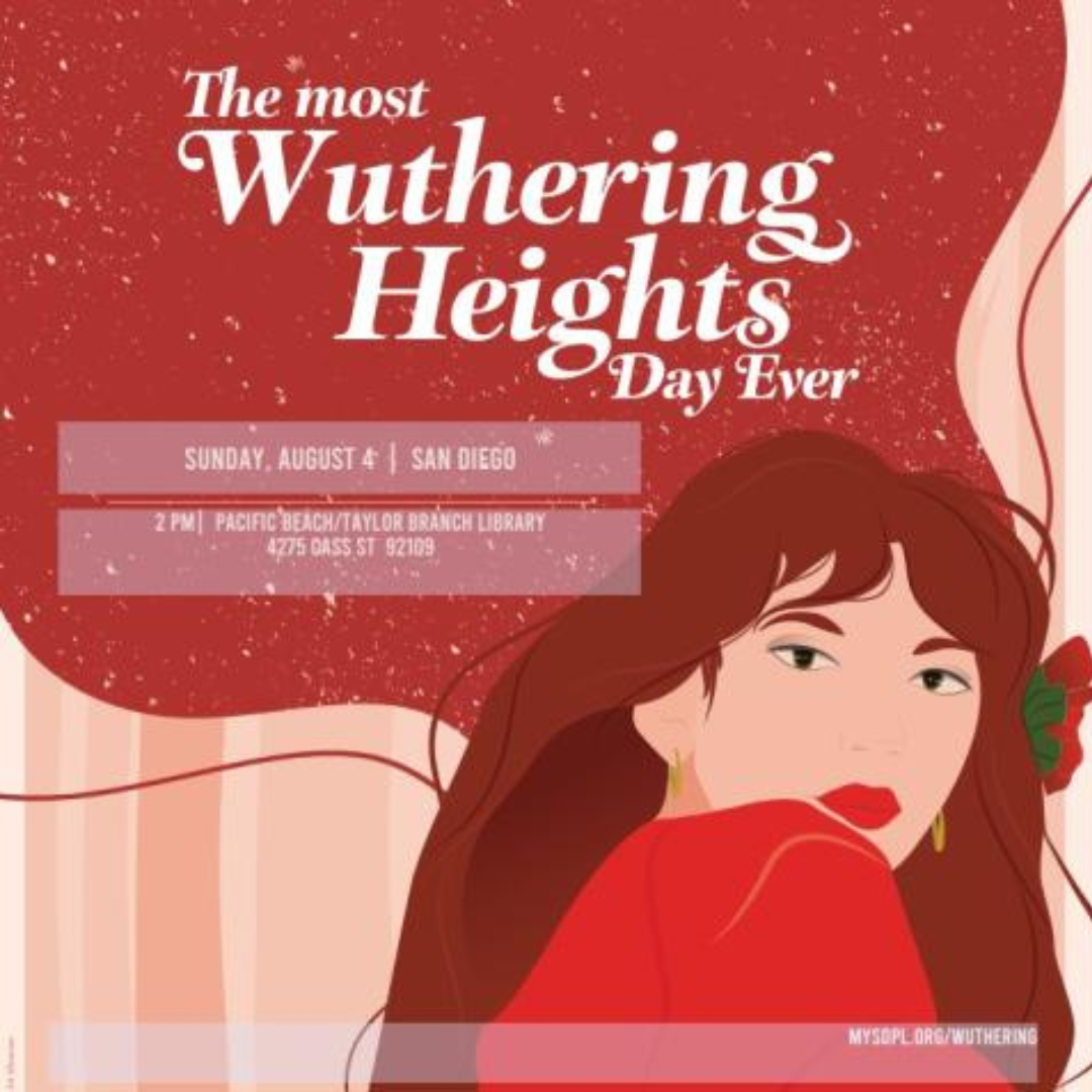 Illustration of a woman with red hair and red lipstick wearing a red dress in front of a red background with ”The most Wuthering Heights Day Ever” written in white.
