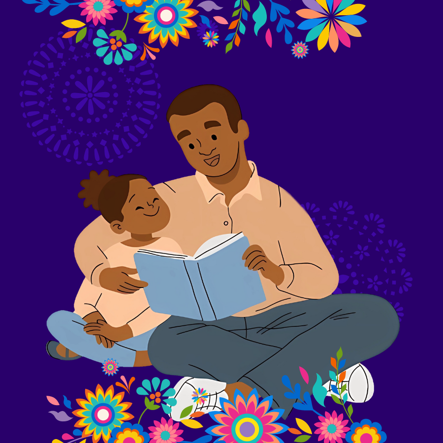 A brown man reads a blue book to his daughter.