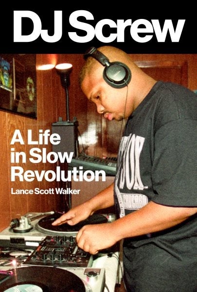 Book cover with DJ Screw scratching a record on turntables