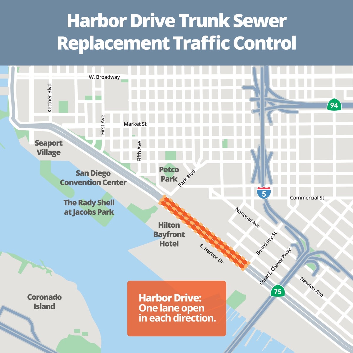 Map of Harbor Drive Trunk Sewer Replacement traffic impact