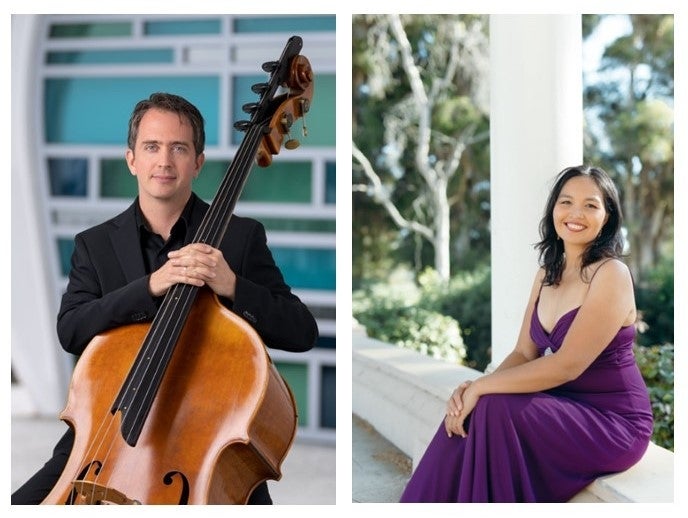 On left is Jeremy Kurtz-Harris posing with a double bass and on right is Ines Irawati sitting outdoors and wearing a purple dress